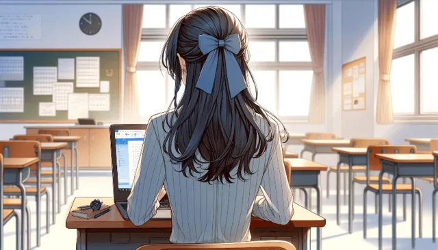 over the shoulder shot of teacher teaching computing in anime style