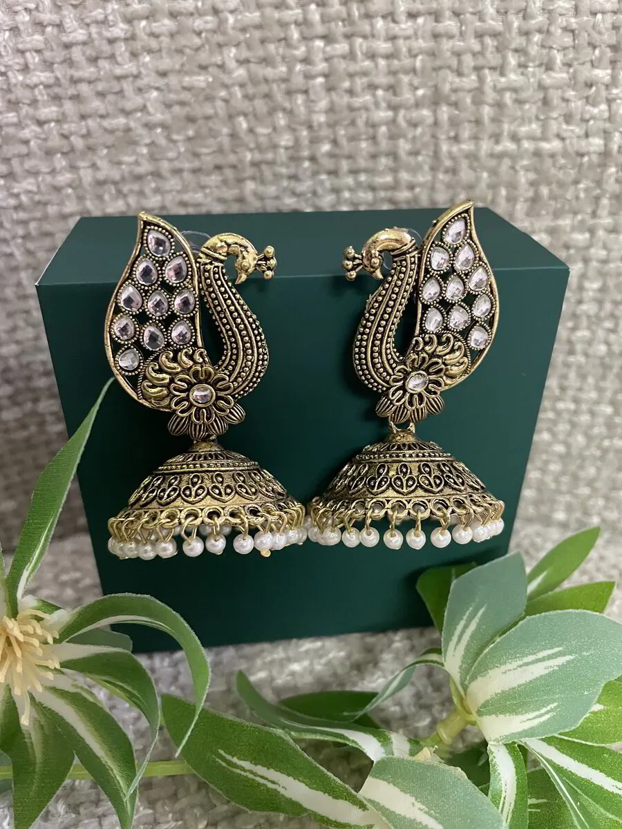Jhumki Earring Peacock Feather Earrings Gold One Gram Gold Peacock