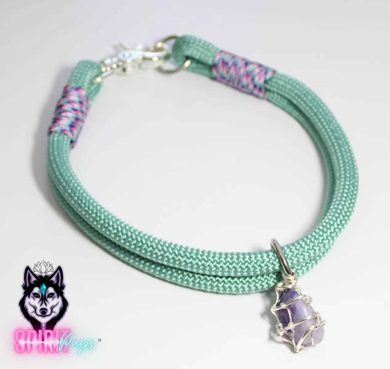 Dog ID Collar - Sea Green with Cotton Candy wrap