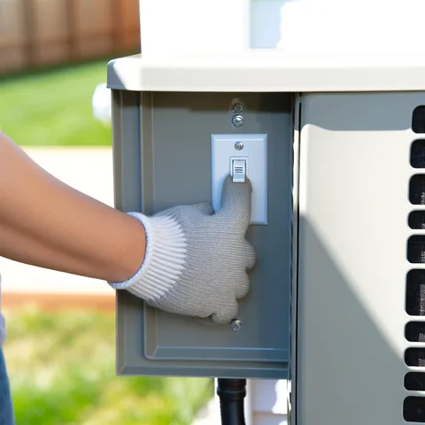 A homeowner safely turning on the power to their air conditioning unit by flipping the switch in the exterior shut-off box, located near the unit