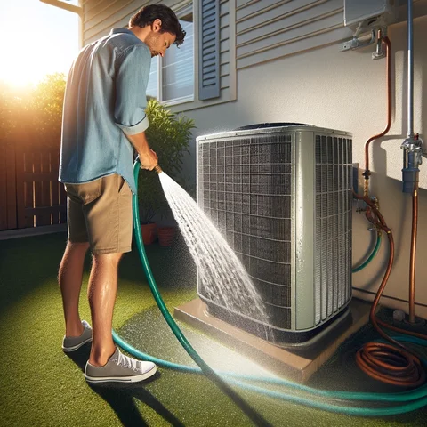 A homeowner stands squarely in front of their air conditioning unit outdoors, methodically rinsing the condenser coil with a low-pressure water