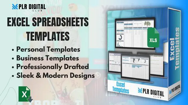 a mockup that shows Excel Spreadsheets templates bundle to resell with master resell rights by PLR Digital Club   
