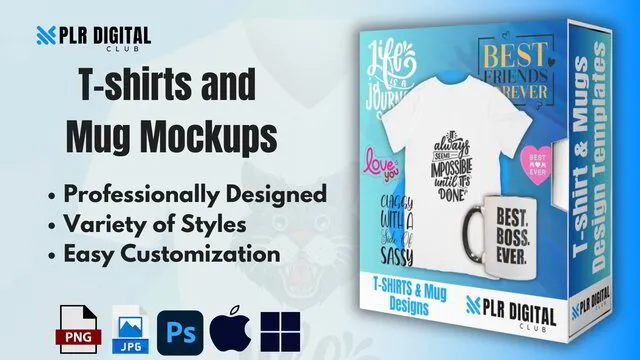 a mockup that shows T-shirt & Mug design templates  bundle to resell with master resell rights by PLR Digital Club   