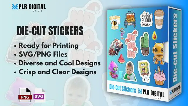 a mockup that shows die-cut stickers bundle to resell with master resell rights by PLR Digital Club   