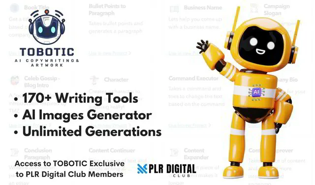 A mockup shows a access to AI writing tool by PLR Digital club name as Tobotic 