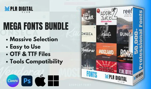a mockup that shows a Mega Fonts bundle to resell with master resell rights by PLR Digital Club   