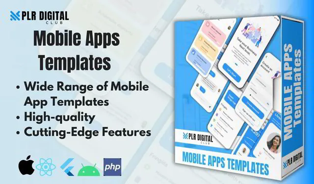 a mockup that shows Mobile Apps UI/UX templates bundle to resell with master resell rights by PLR Digital Club   