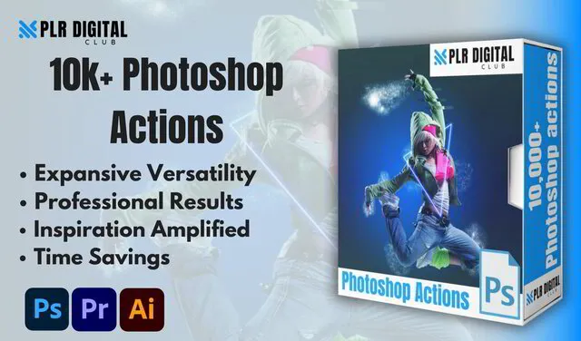 a mockup that shows photoshop actions bundle to resell with master resell rights by PLR Digital Club   