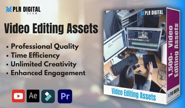 a mockup that shows a Video Editing assets bundle to resell with master resell rights by PLR Digital Club   