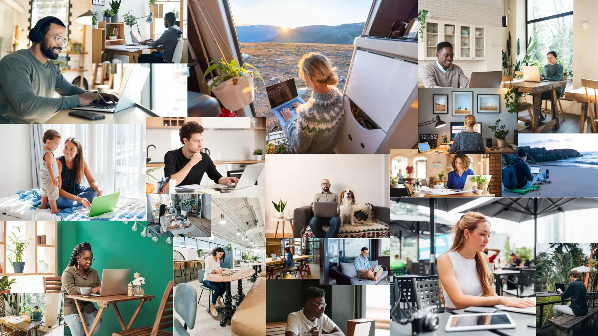 An image showing a variety of people working remotely from home, each focused on their tasks in a home office, coffee shops, beach, and RV setting.