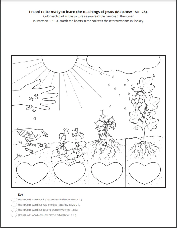 parable of the sower (matthew 1 mark) bible coloring page printable