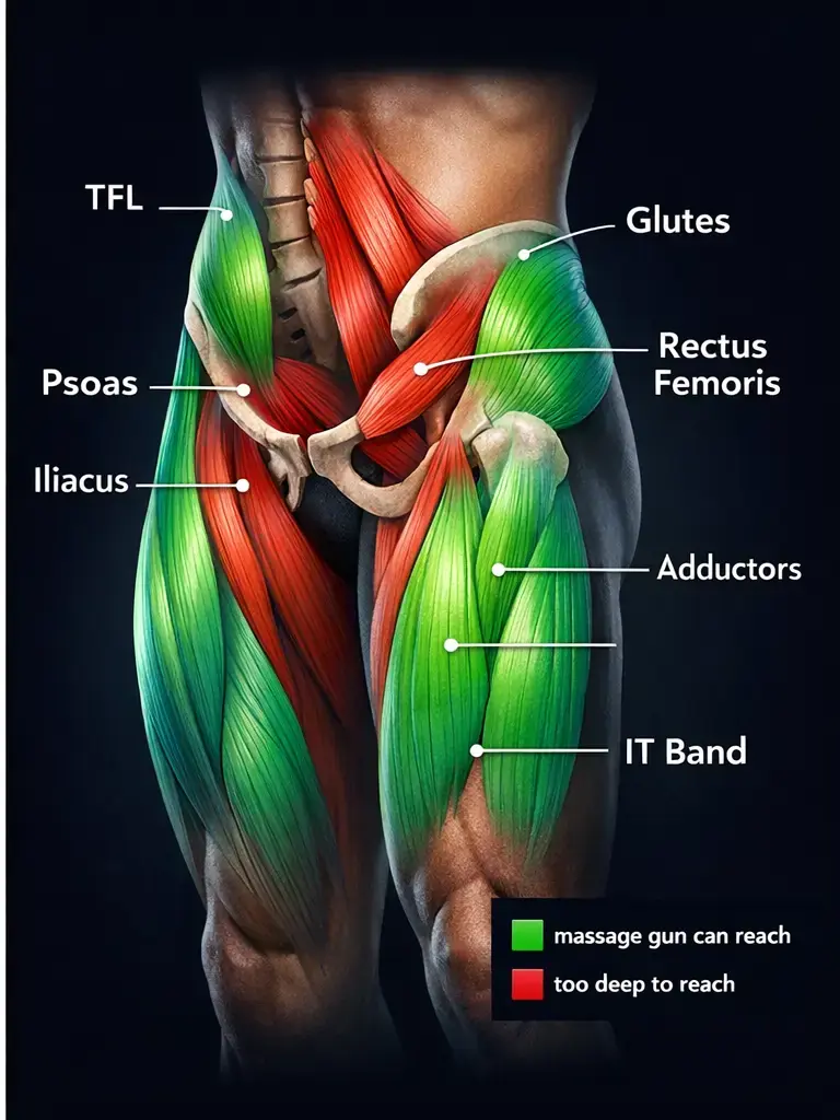 hip flexor anatomy illustration safe zones massage gun