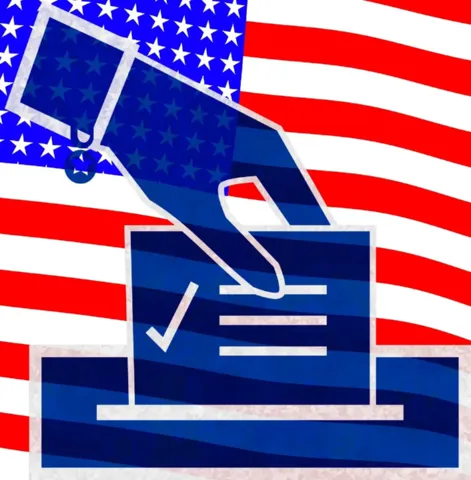 Illustration of a blue hand with a blue ballot on an American flag background