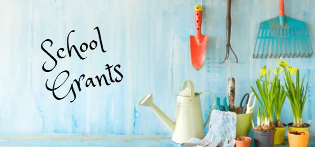 school grants banner with plants and gardening tools