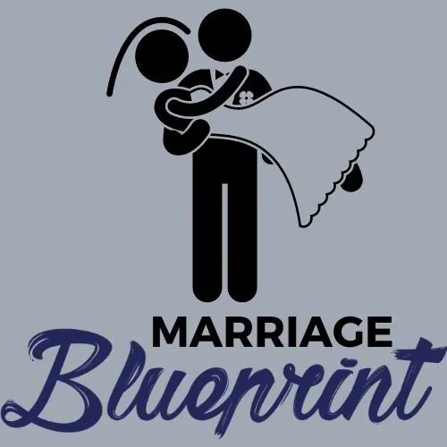 Marriage Blueprint logo with man carrying a woman (his bride) in his arms.