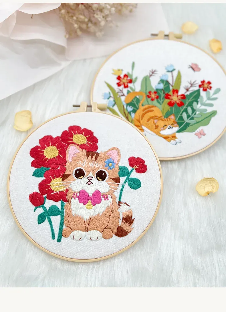 Cat Animal DIY Embroidery Kit with a Pattern