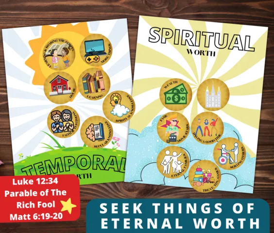 temporal vs spiritual kids bible printable; parable of the rich fool bible lesson, activities and printables for kids