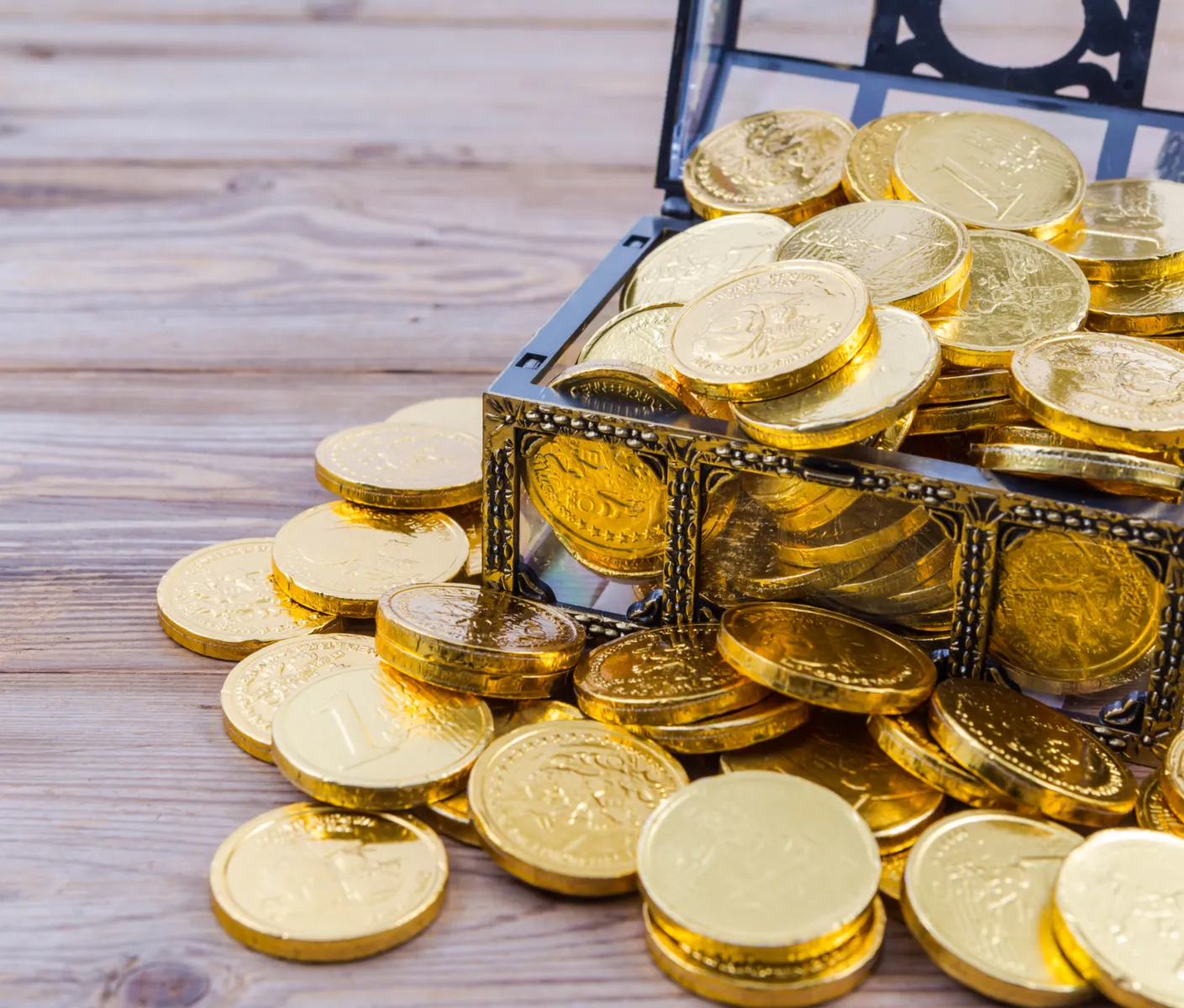 box of chocolate coins in treasure chest