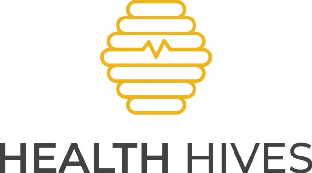 Logo of Health Hives with a stylized beehive and heartbeat line in yellow and black colors.
