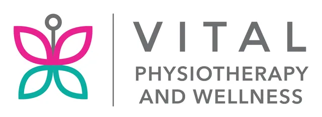Logo of Vital Physiotherapy and Wellness featuring a stylized flower with a pinwheel design in pink and teal.