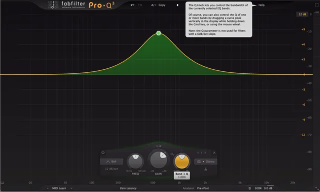 Fabfilter Pro-Q 3 demonstrating Q size