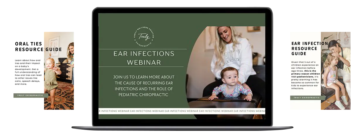  Two screens display Truly Chiropractic's educational resources: one about oral ties and another invites to an ear infections webinar