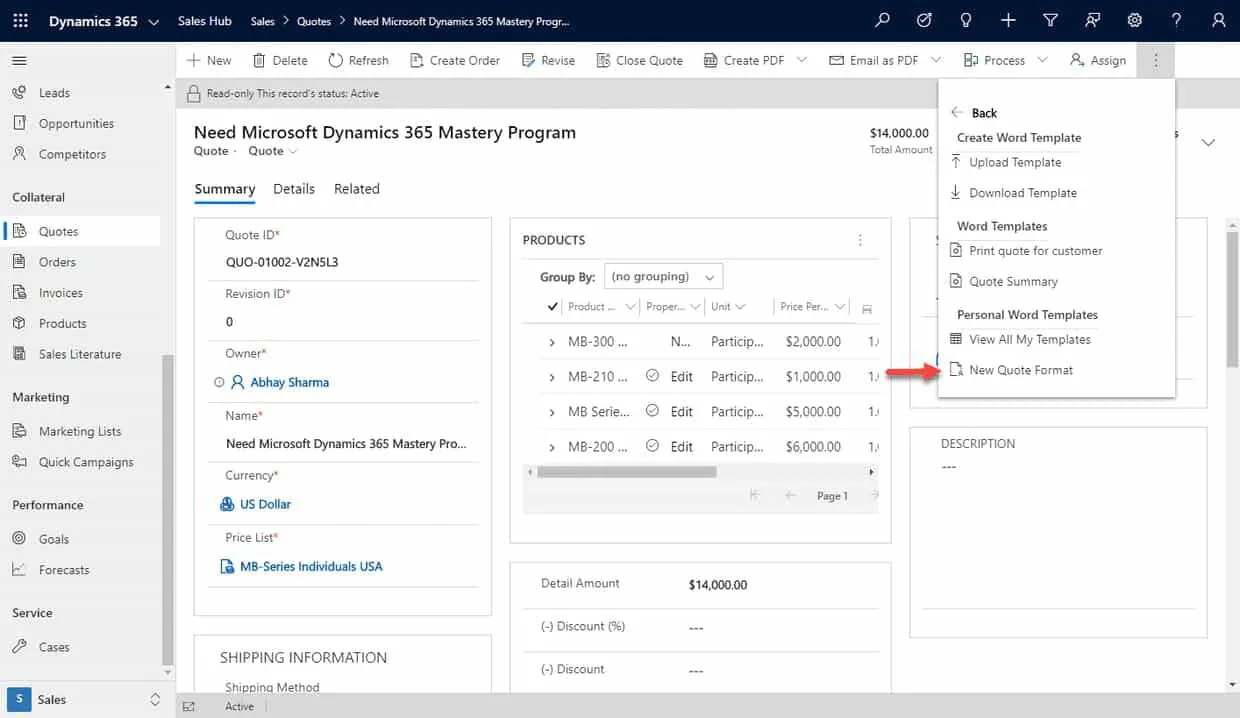 Create Template from a Quote In Microsoft Dynamics 365