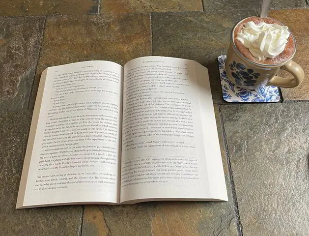 Book and cup of hot cocoa