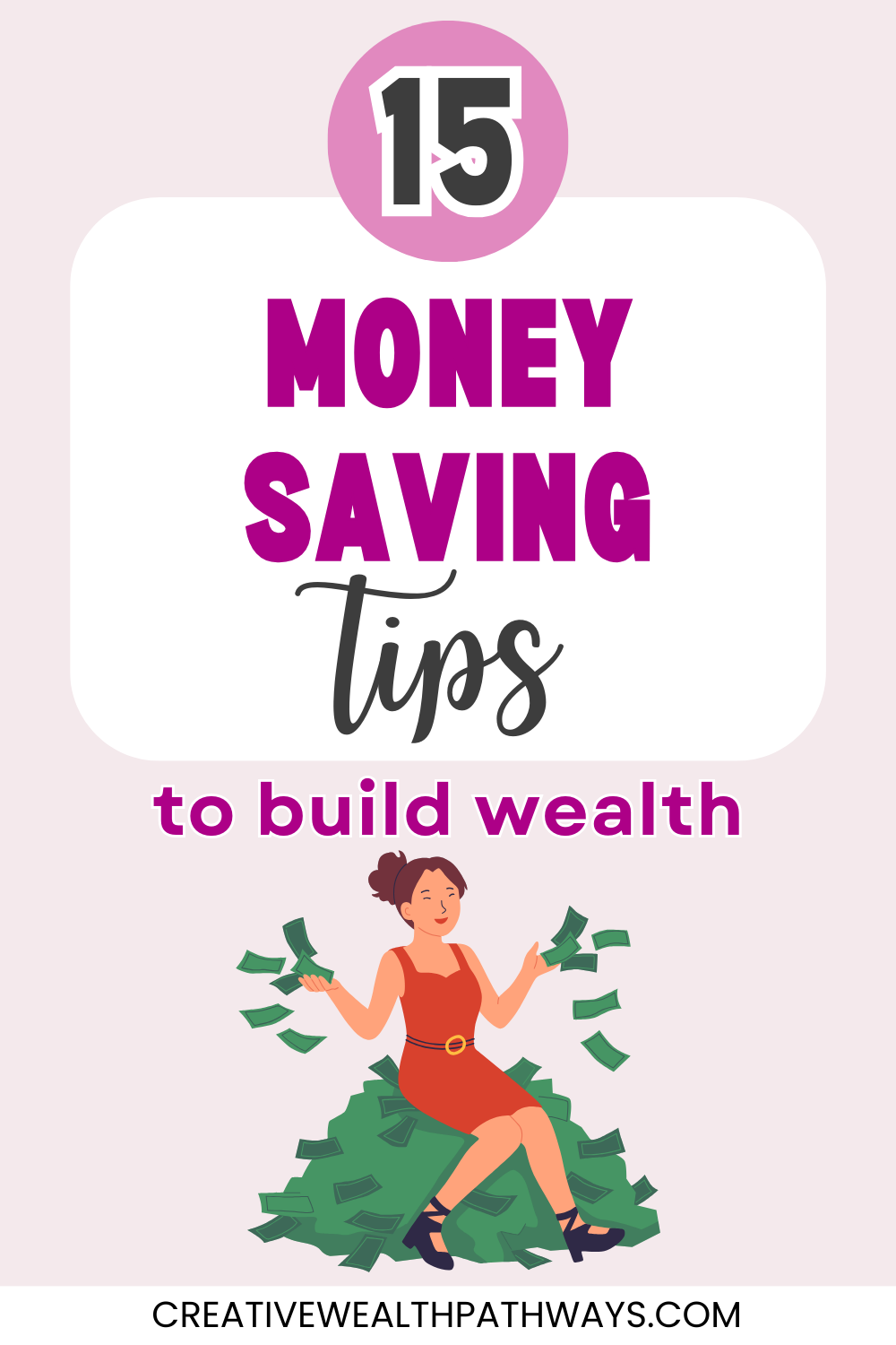 Pinterest graphic for Creative Wealth Pathways with text about smart money saving systems and wealth building tips on a clean, modern background