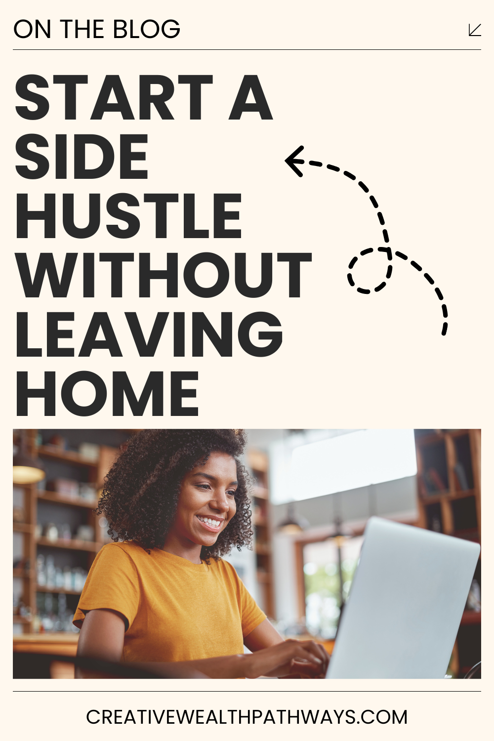 Flat lay of laptop, planner, pen, and cozy workspace with sunlight and neutral tones, styled to suggest productive work from home or side hustle setup