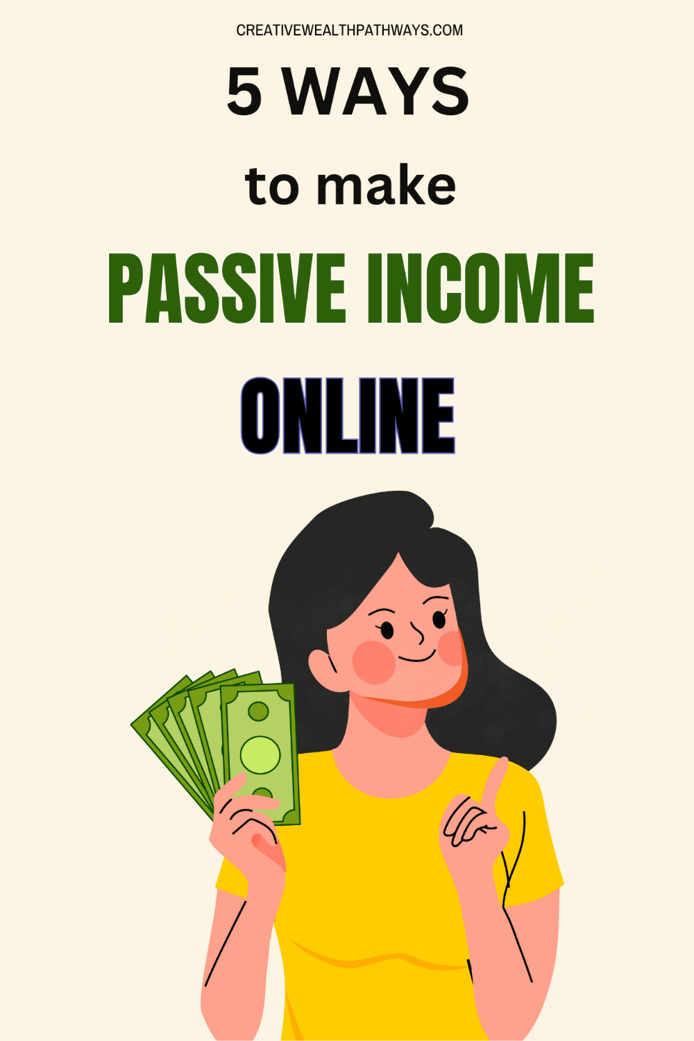 5 Ways to Make Passive Income Online Pinterest pin graphic highlighting affiliate marketing, digital products, dropshipping, rental income, and ad revenue