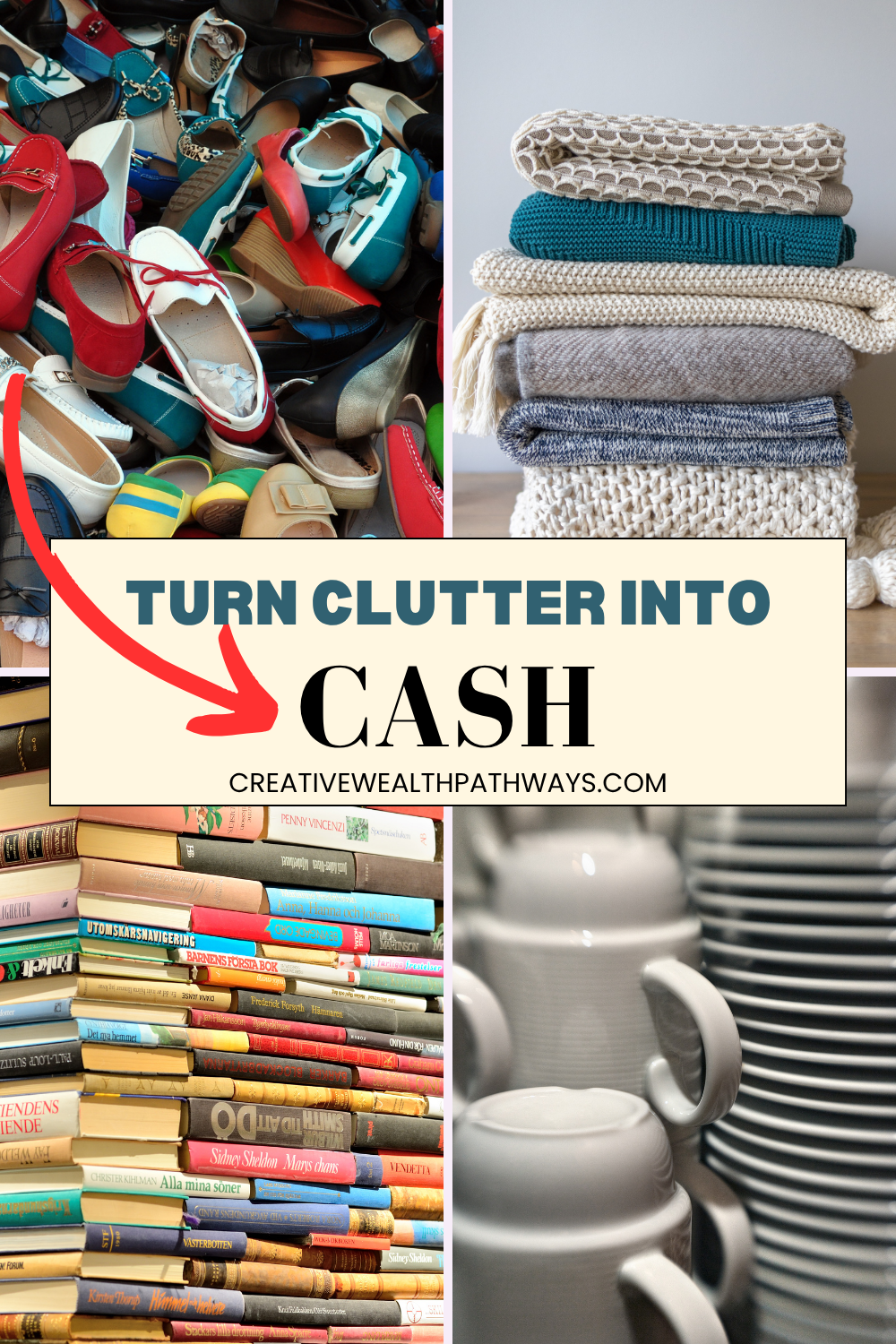 Woman sorting clothes and household items into boxes labeled donate and sell, showing how to make extra cash by decluttering.