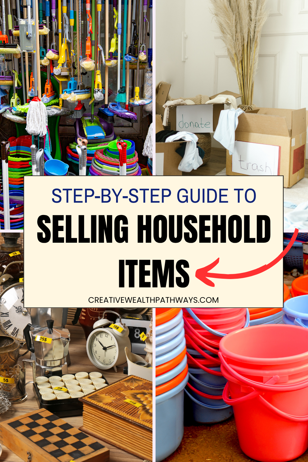 Flat lay of clothes, books, decor, and small household items arranged neatly on a table, representing things to sell around the house for extra cash.