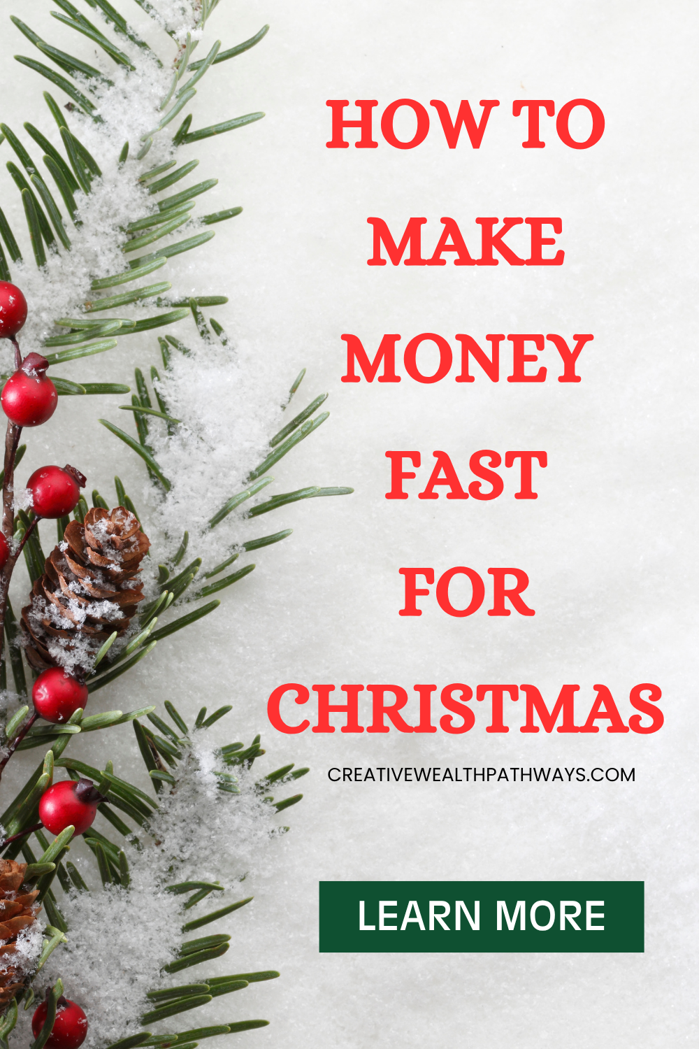 Festive flat lay with wrapped gifts, Christmas ornaments, and cash on a white background, representing creative ways to make money at Christmas.