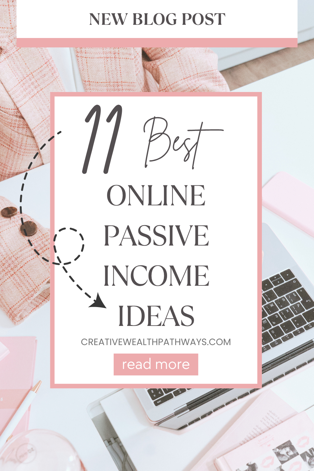 Laptop, notebook, and coffee mug on a bright desk with text overlay about building passive income online, representing digital business and financial freedom.