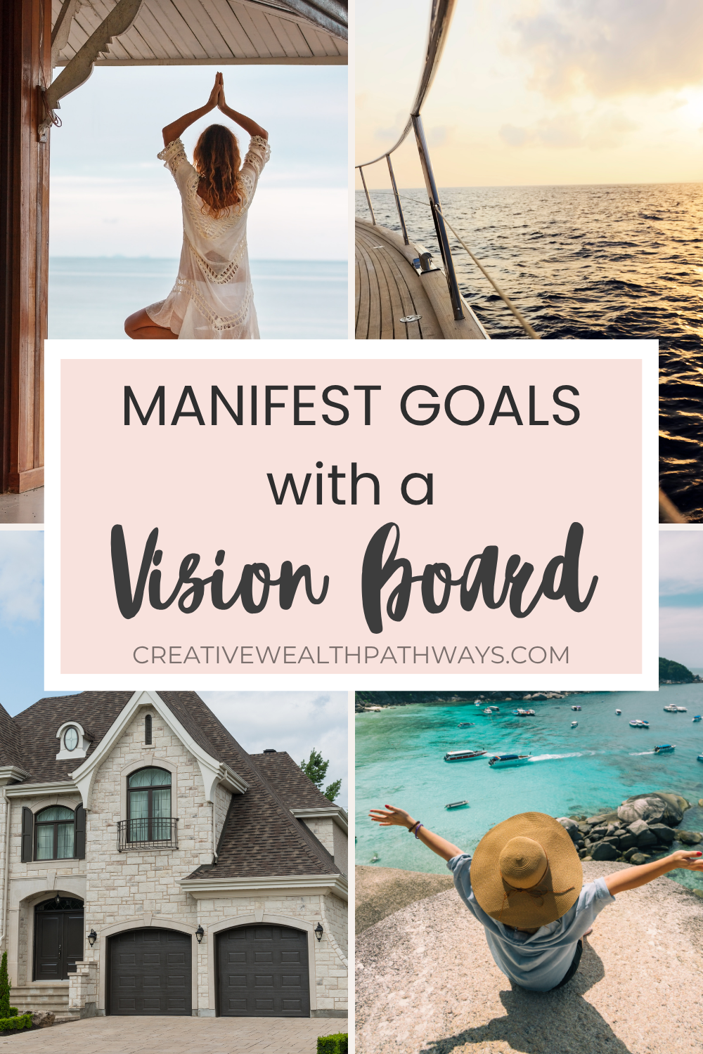 Flat lay of a colorful vision board with inspiring images, words, and goals arranged neatly for personal growth and success visualization.