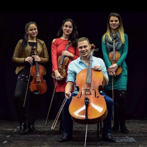 Photo of the Arcobaleno String Quartet, renowned ensemble from Serbia, showcasing the four members poised with their respective instruments.