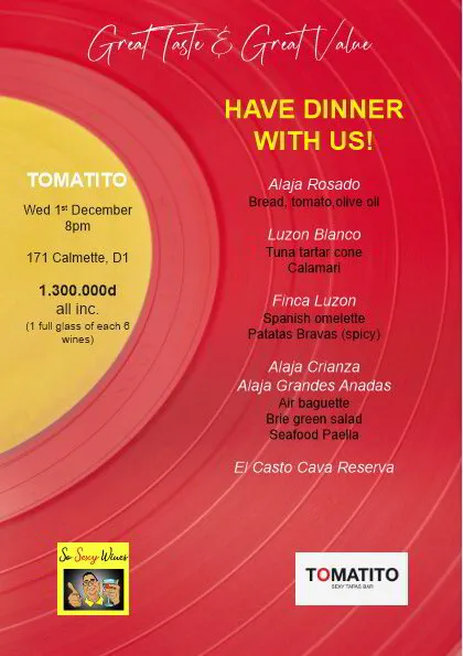Tomatito wine dinner 1 December 21 8pm