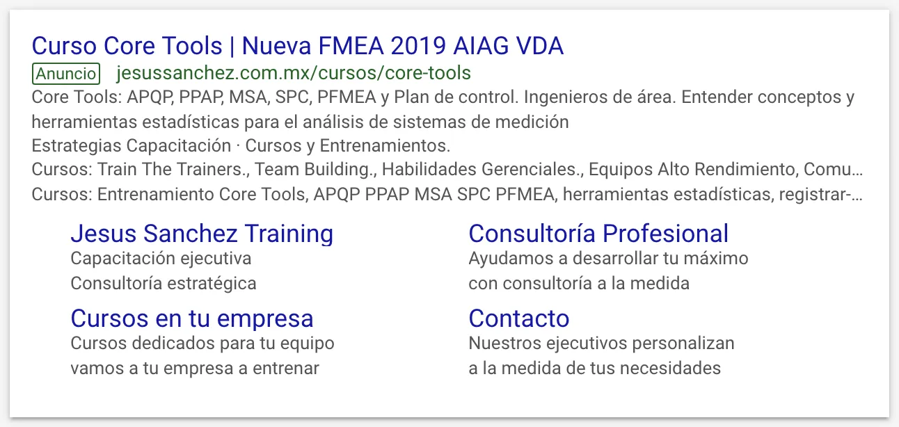 Ejemplo de Anuncio de Google Ads con extensiones Ejemplo de Anuncio de Google Ads con extensiones
