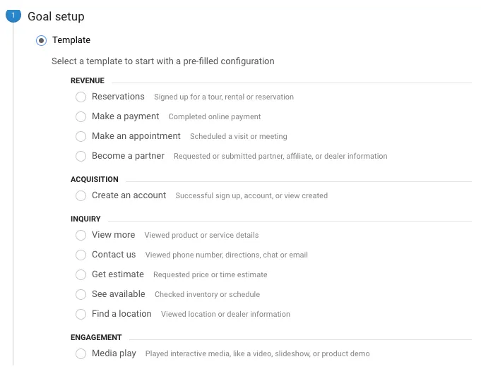 Plantilla de objetivos a elegir en Google Analytics