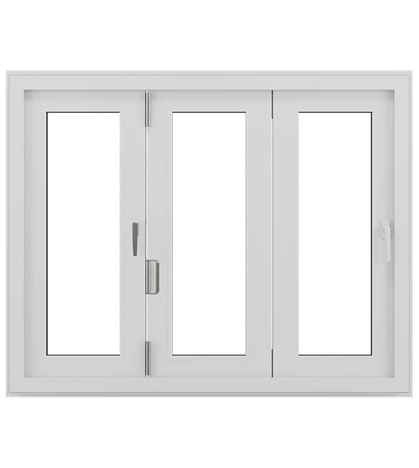 Bifold window with three panels, featuring a sleek white frame, designed for seamless indoor-outdoor living and unobstructed views, emphasizing versatility and modern aesthetics by Tekton Exteriors.