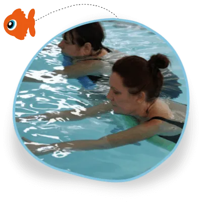 Adults swim on woggles as part of their swimming lesson as they learn to swim