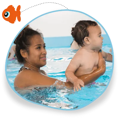 An adult and a child are moving in the water together as part of a swimming lesson at Swim Works