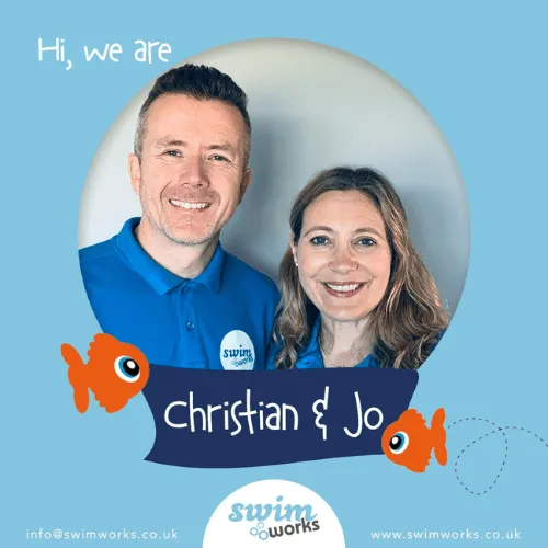 A photo of two people, Christian and Jo Wilson, the Swim Works founders