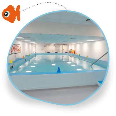 An empty indoor swimming pool is bright blue and is surrounded by white walls, looking peaceful and tranquil
