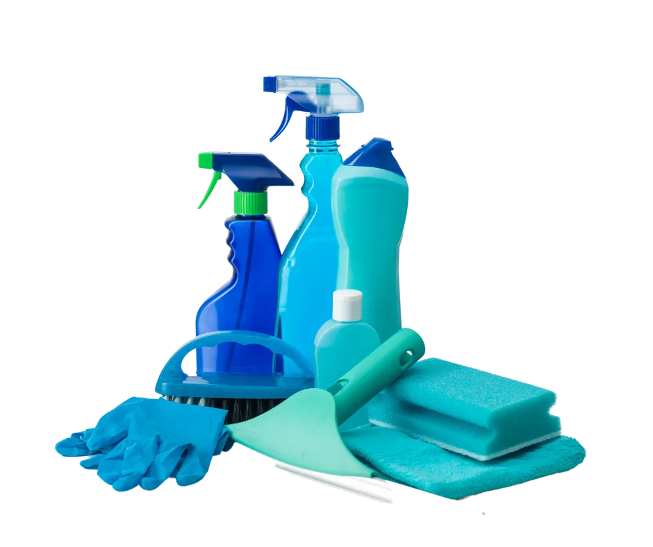 Cleaning supplies with bottles, scrubbing brush, and sponges 