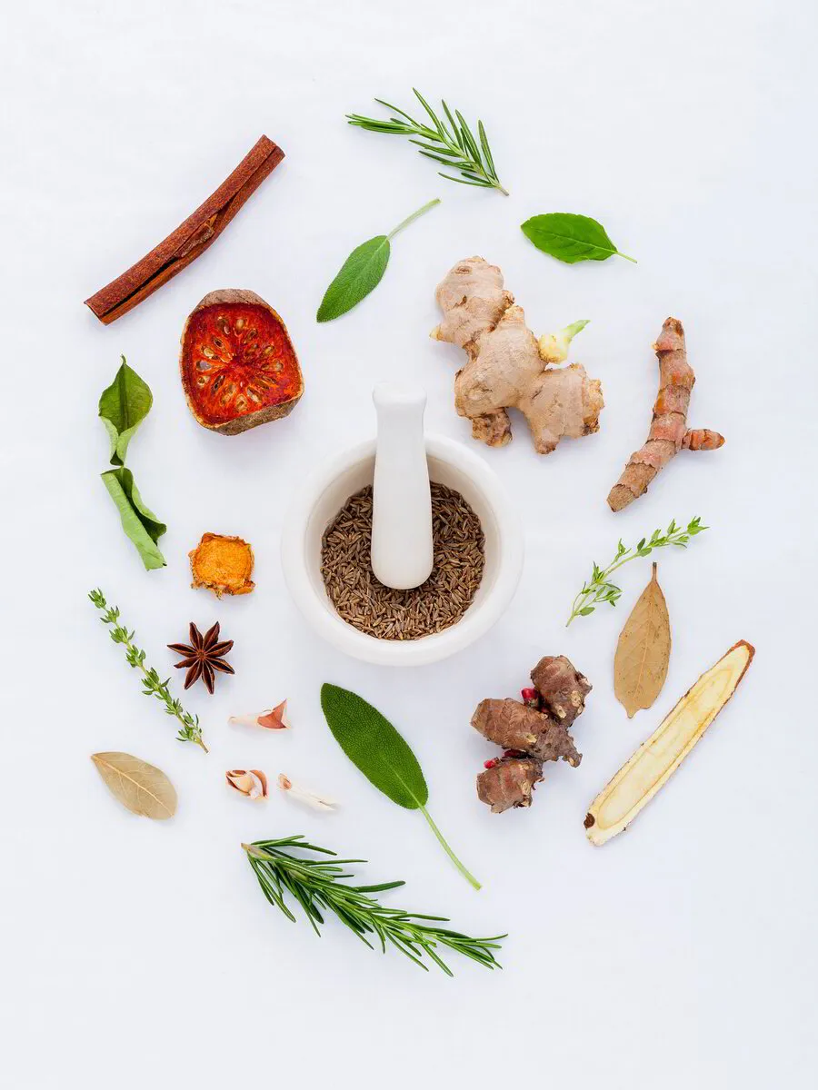 Mortar and pestle with various herbs and spices on a white background.