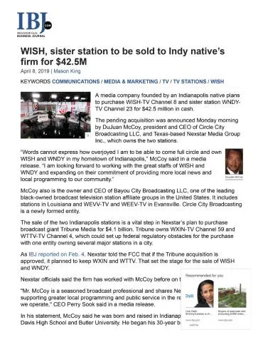 WISH, sister station to be sold to Indy native’s firm for $42.5M  – Indianapolis Business Journal