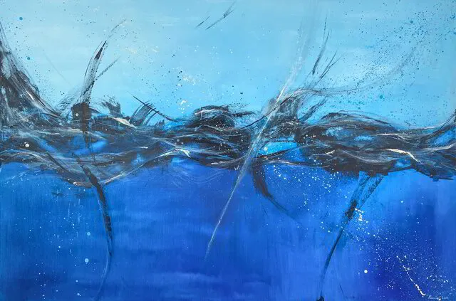 Art by Fabienne Louis - A Harmonious depiction of life's balance,echoing the ocean's tranquil resilience post-storm and its symbiotic dance with the vast sky.