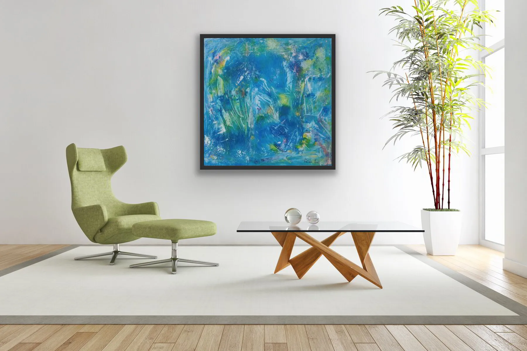 Interior Design with Vibrant Abstract Artwork on the wall by Artist, Fabienne Louis.